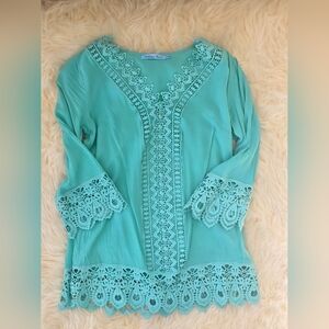 Solitaire Swim Cover-up Women's Aqua Lace Trim Top Size Small